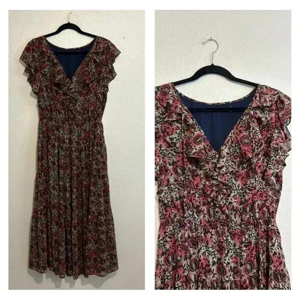 Ralph Lauren Ruffle V-Neck Floral Feminine Maxi Dress Flowy